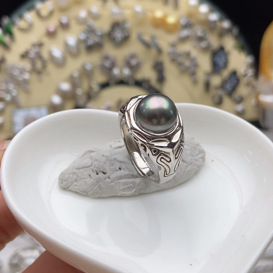 海水珍珠画框银S925镶嵌孔雀绿大溪地戒指