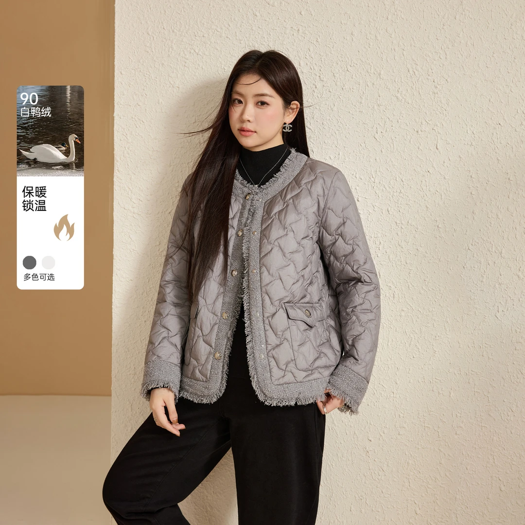 【冬季羽绒】纤莉秀W大码女装流光风轻薄菱格泡芙白鸭绒服QK2863