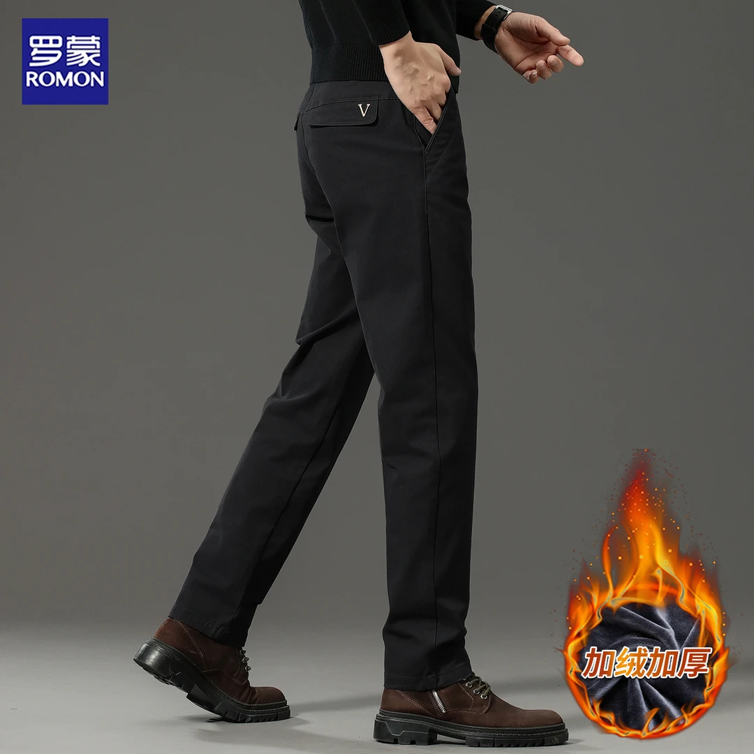 罗蒙秋冬季加绒加厚黑色休闲裤男士修身直筒免烫抗皱商务保暖裤子