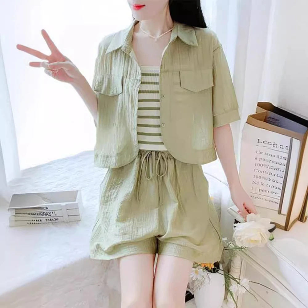 小个子短裤套装女夏季2024新款时尚穿搭一整套防晒衬衣短裤两件套