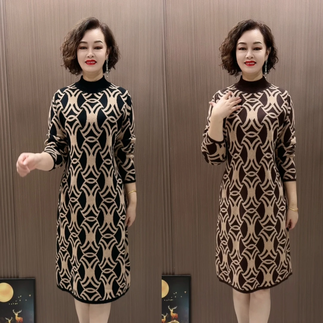 Xe时尚中老年妈妈秋冬中长款大码针织提花加厚过膝毛衣连衣裙打底