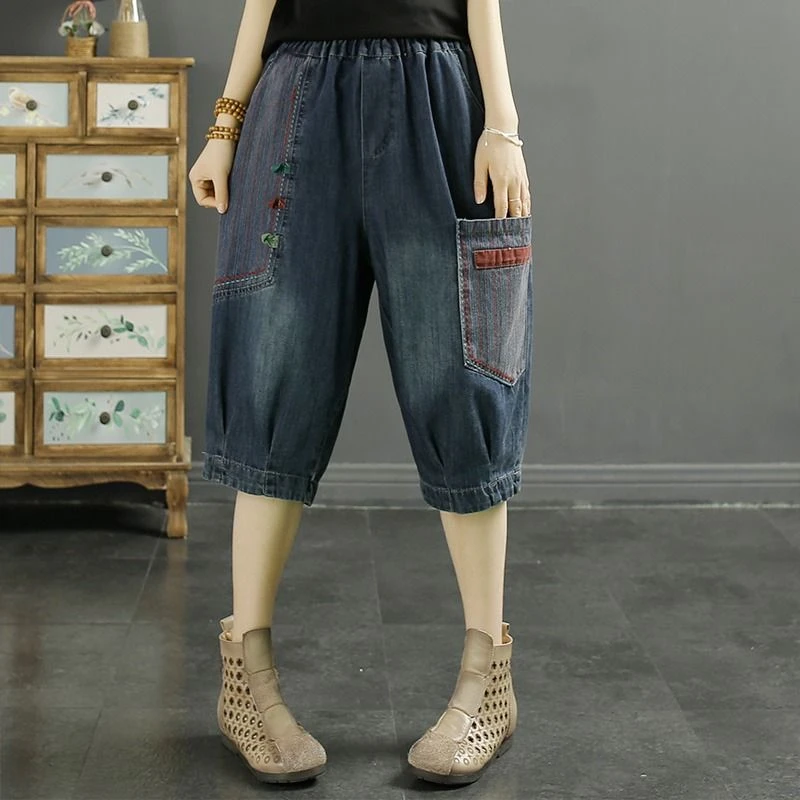 复古大口袋贴布盘扣牛仔六分裤女宽松大码束脚五分中裤薄款马裤短
