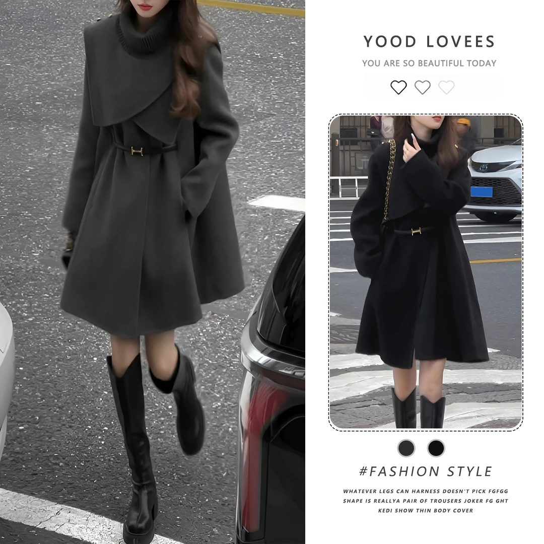 高级感时尚短款外套女秋冬今年流行休闲宽松中长款可拆卸斗篷大衣