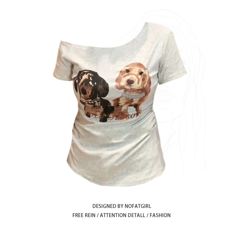 大码胖MM美式少女印花小狗斜肩短袖T恤女夏季修身显瘦不规则上衣
