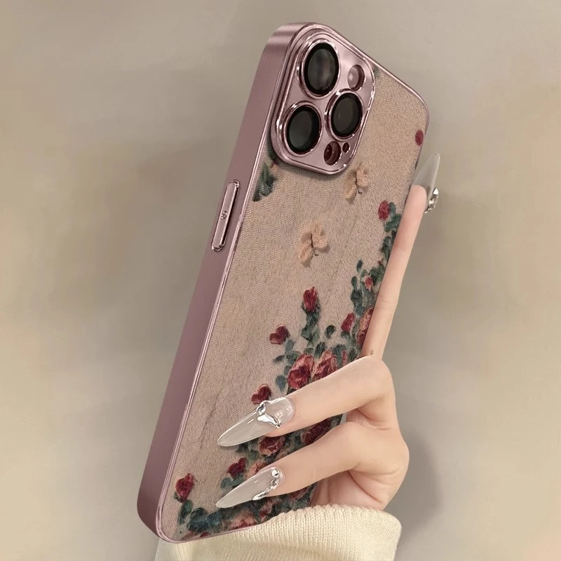 油画玫瑰适用苹果16promax手机壳iPhone15pro电镀保护套简约14por