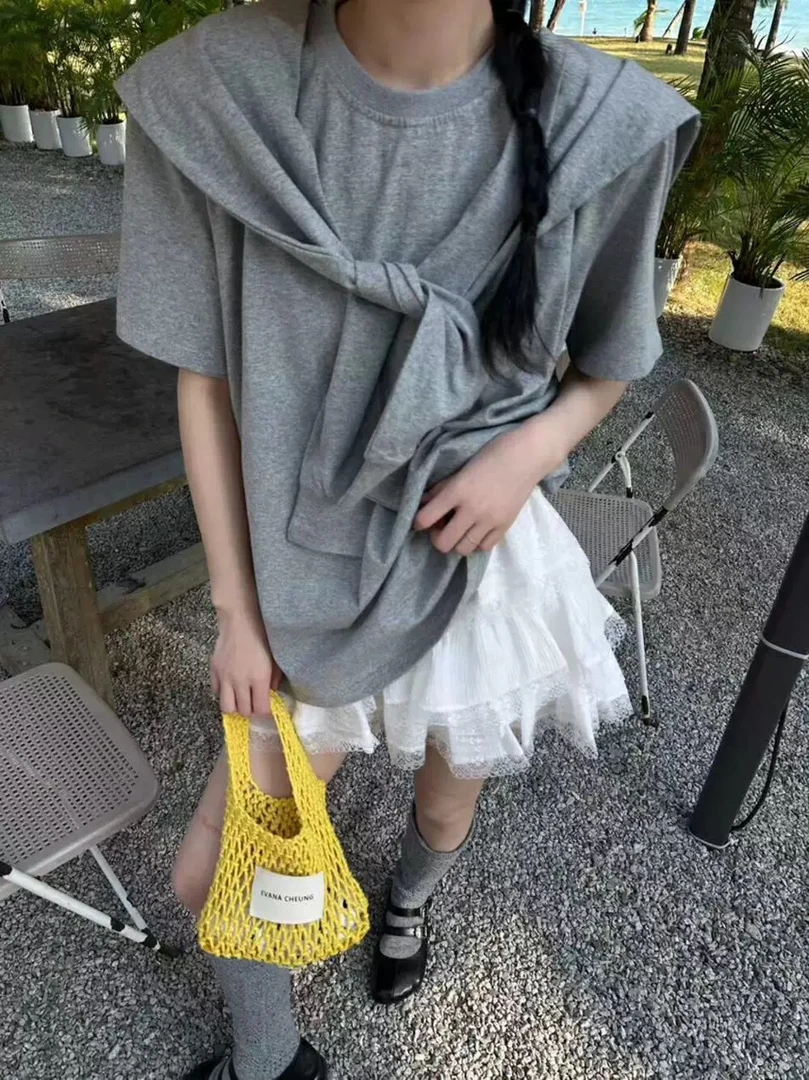 2025春夏新款宽松百搭简约纯色披肩连帽两件套长袖T恤女