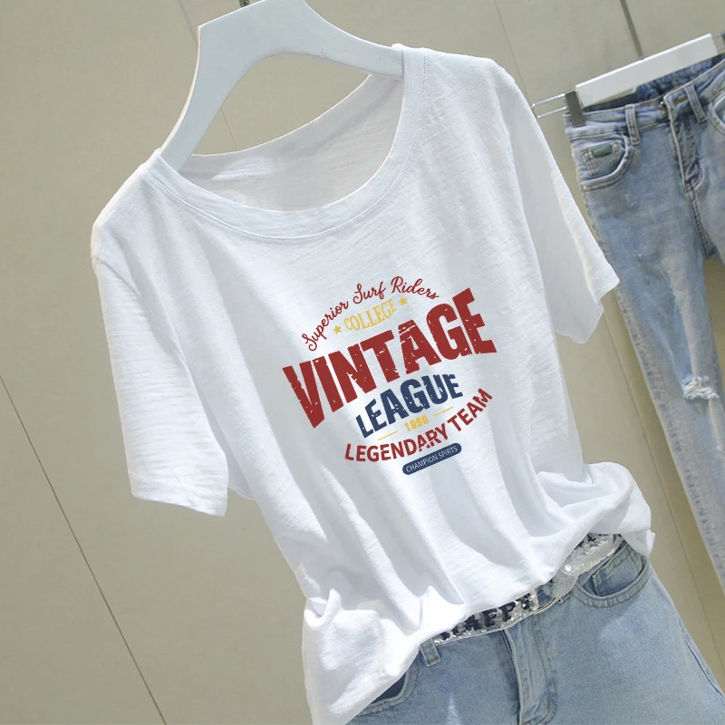 竹节棉宽松纯棉短袖t恤女士圆领夏季韩版印花时尚洋气显瘦女装潮