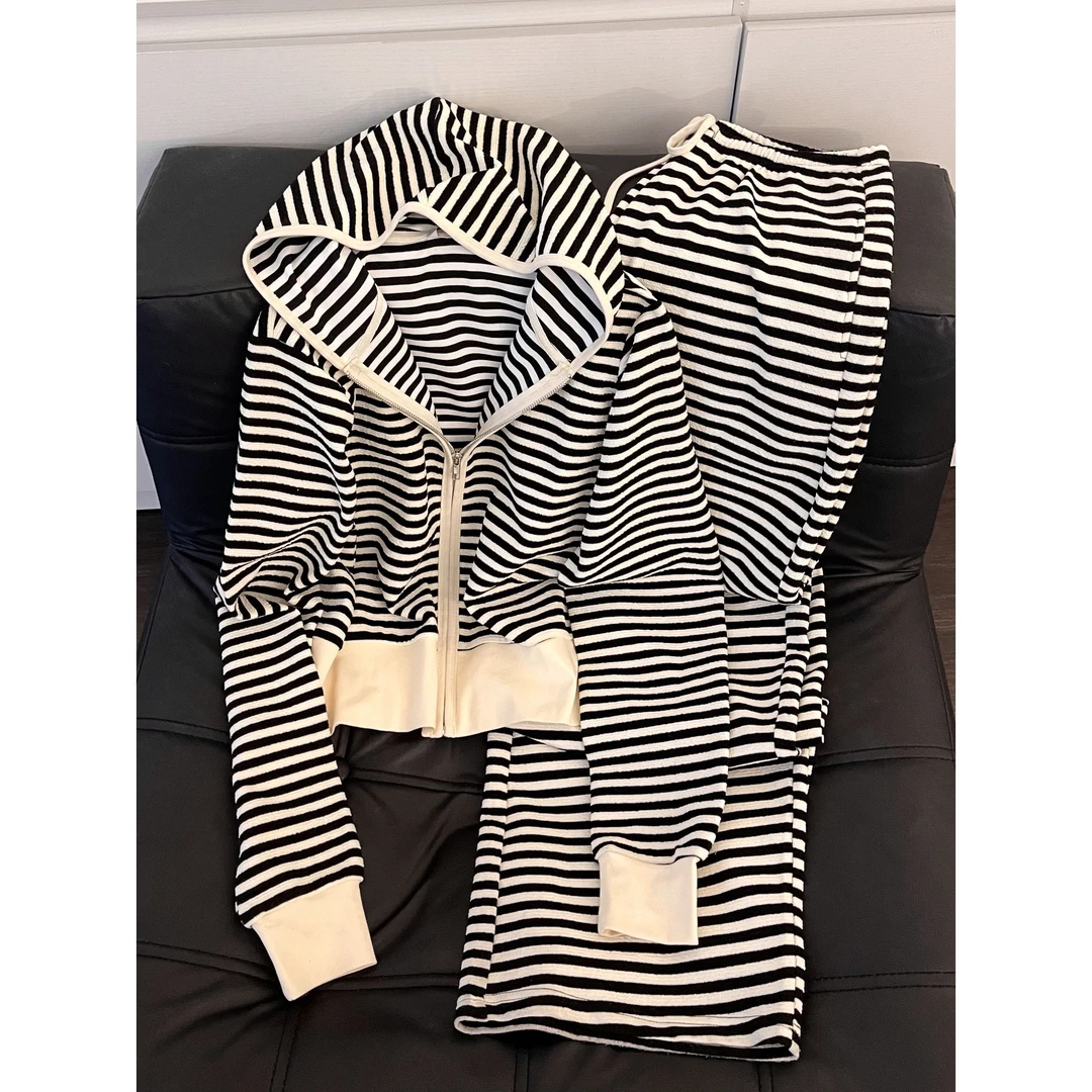 【TPNY宅町睡衣】甜美简约慵懒条纹睡衣女秋季气质修身三件套家居服