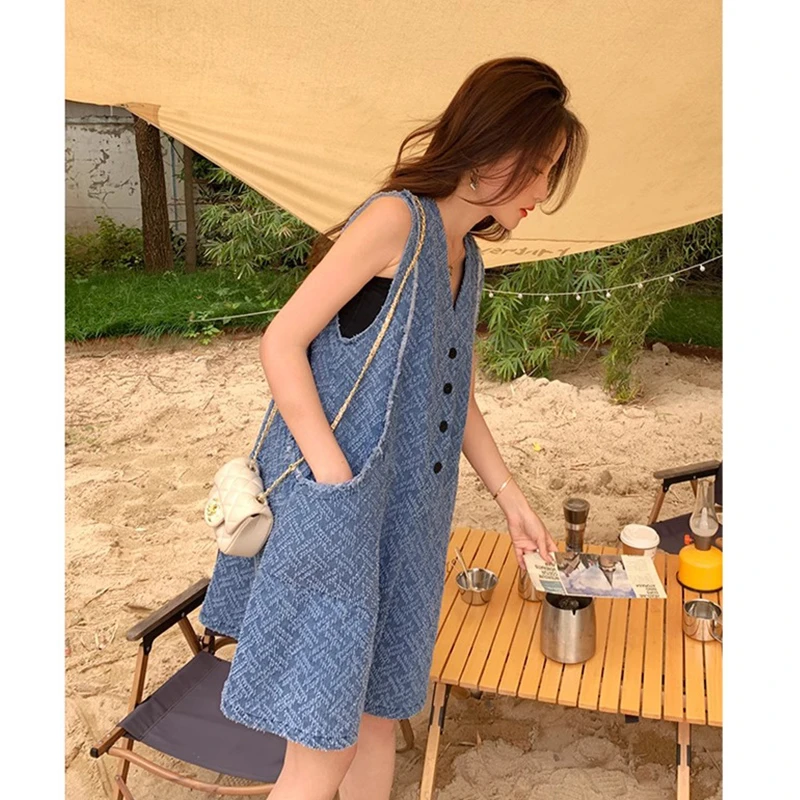 无袖背心牛仔连体裤女夏韩系减龄俏皮甜美设计感小个子森系连体衣