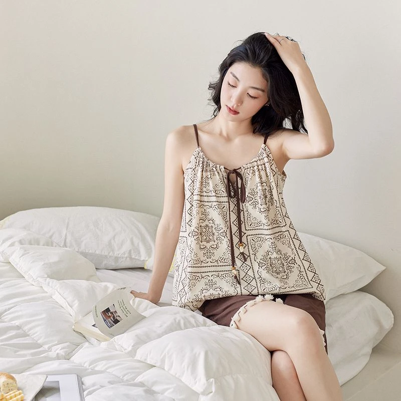 吊带睡衣女夏季棉质薄款洋气纯欲性感新款夏天家居服两件套可外穿