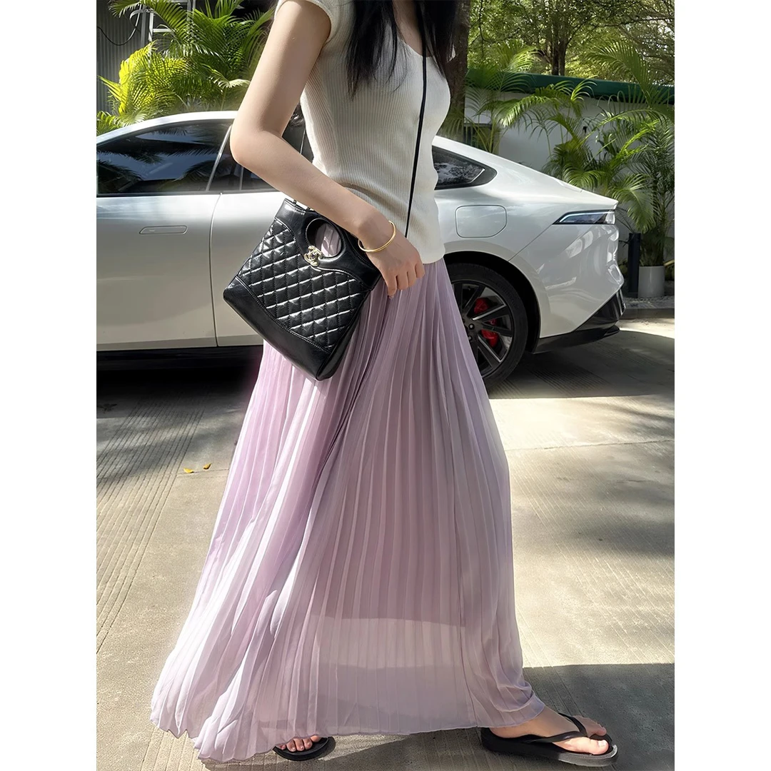 韩系紫色半身裙女夏季薄款2025新款高腰显瘦a字休闲仙女百褶裙子