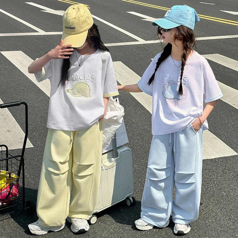 女童夏季套装2025新款洋气女中大童夏装薄款短袖休闲工装裤两件套