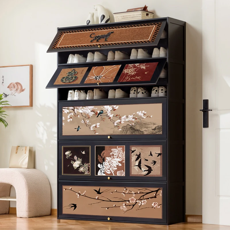 中古风钢制鞋柜家用印花鞋架入户玄关收纳柜大容量多层置物储物柜