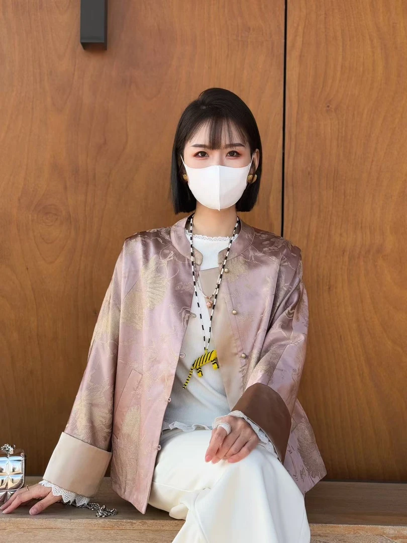 【国庆福利】雅宜 国风桑蚕丝圆领织金长袖休闲上衣外套 3317