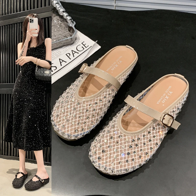 水钻玛丽珍包头拖鞋女2025新款夏季外穿小香风半拖网纱透气凉拖鞋