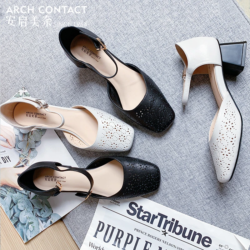 「安启美奈」包头凉鞋女粗跟镂空复古中跟玛丽珍鞋52155