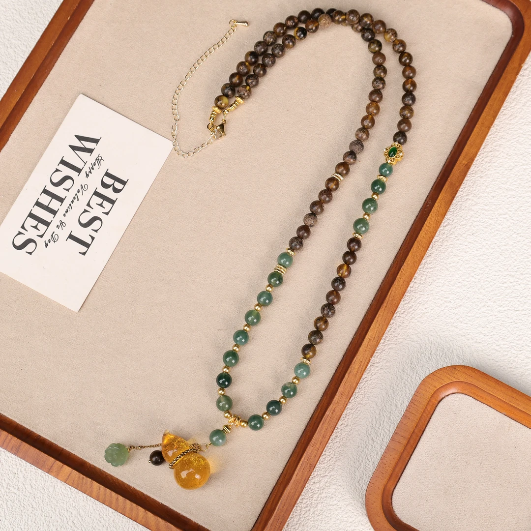 LZ4827黄色金粉葫芦带皮蜜蜡绿色岫岩玉玛瑙项链毛衣链