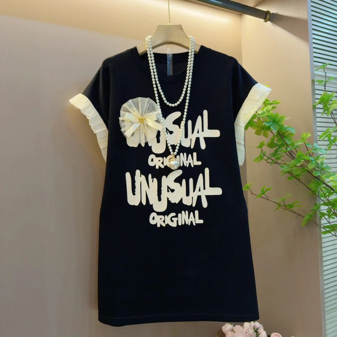 夏季新款拼接木耳边时尚休闲宽松美式圆领印花短袖上衣（长72左右）