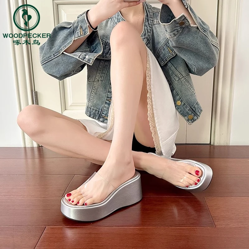 啄木鸟厚底坡跟凉鞋增高拖鞋女夏季外穿透明一字带松糕高跟凉拖鞋