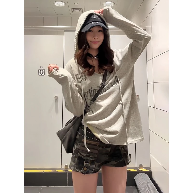 美式复古连帽防晒罩衫女夏季字母印花薄款长袖t恤宽松慵懒风上衣