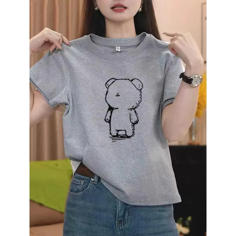 2025新款正肩纯棉短袖t恤女时尚百搭花灰色上衣薄款打底衫夏季潮