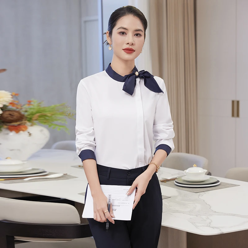 百搭春秋新款长袖蝴蝶结职业白衬衫女酒店前台接待餐饮服务员工装