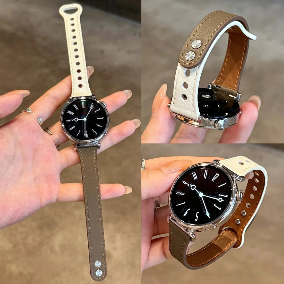 适用华为GT6pro手表带小蛮腰细边女秋冬双钉扣皮质watch4表带GT5