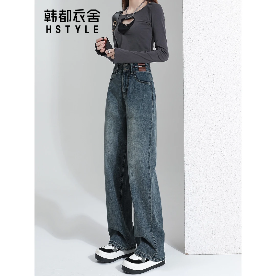 韩都衣舍复古阔腿牛仔裤女2025新款高腰显瘦宽松垂感拖地直筒裤子