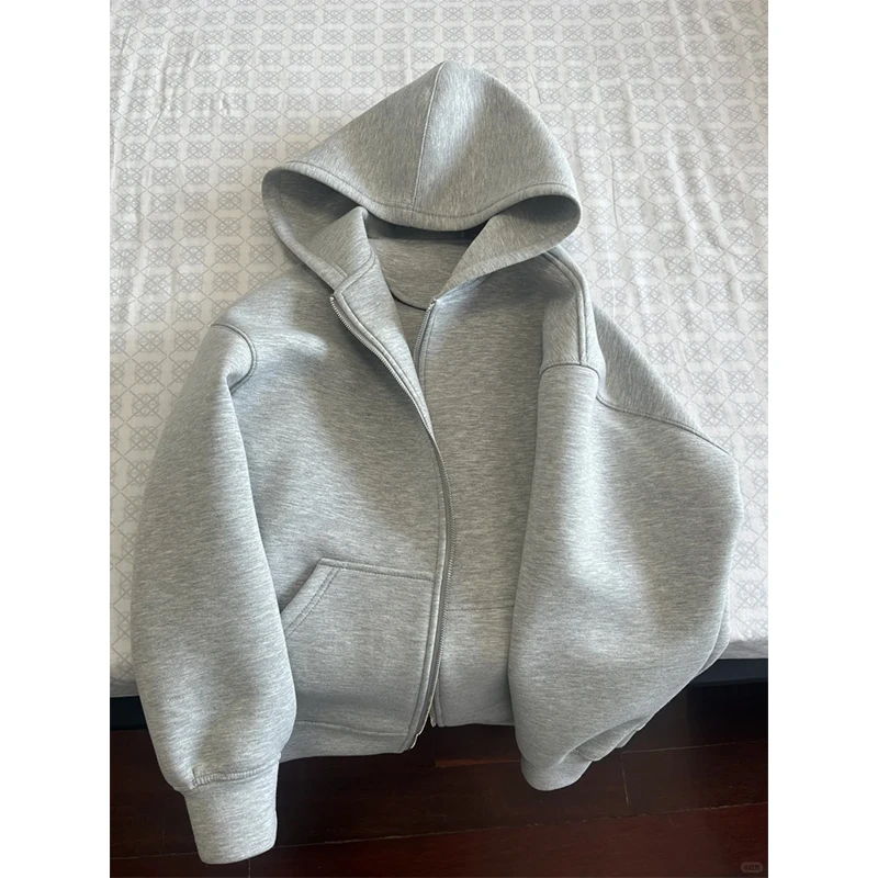 浅灰色重磅硬挺开衫卫衣男早秋穿搭廓形风美式短宽连帽衫运动外套