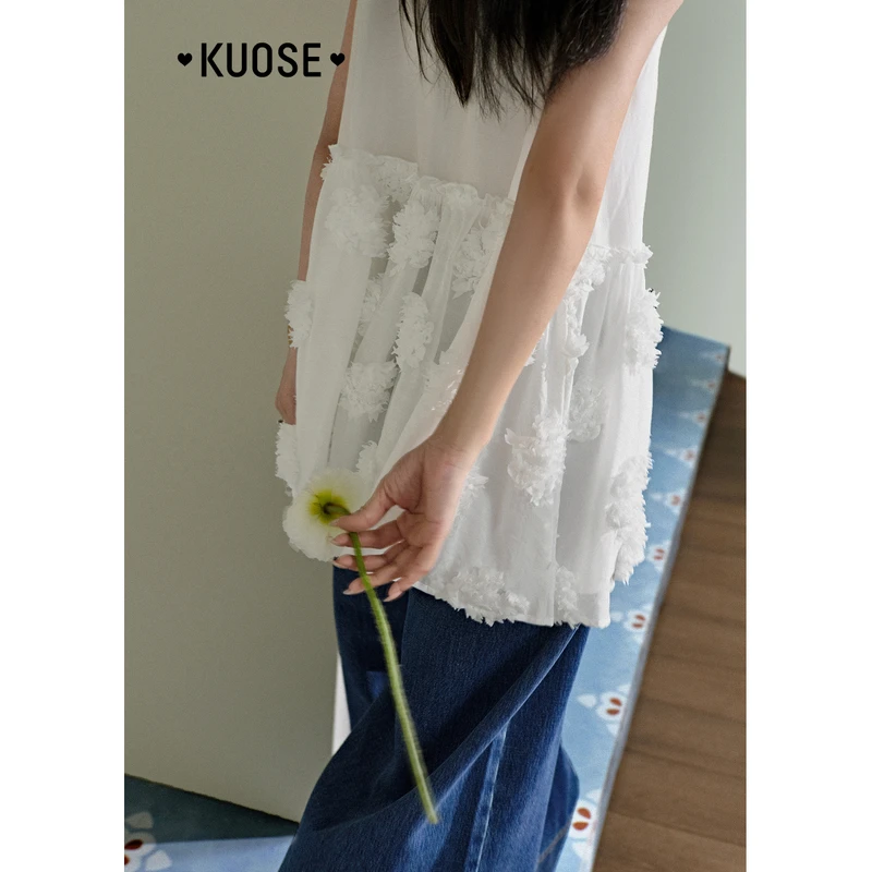 阔色法式木耳边立体花朵网纱吊带2025夏新无袖蓬蓬上衣KSL2504003