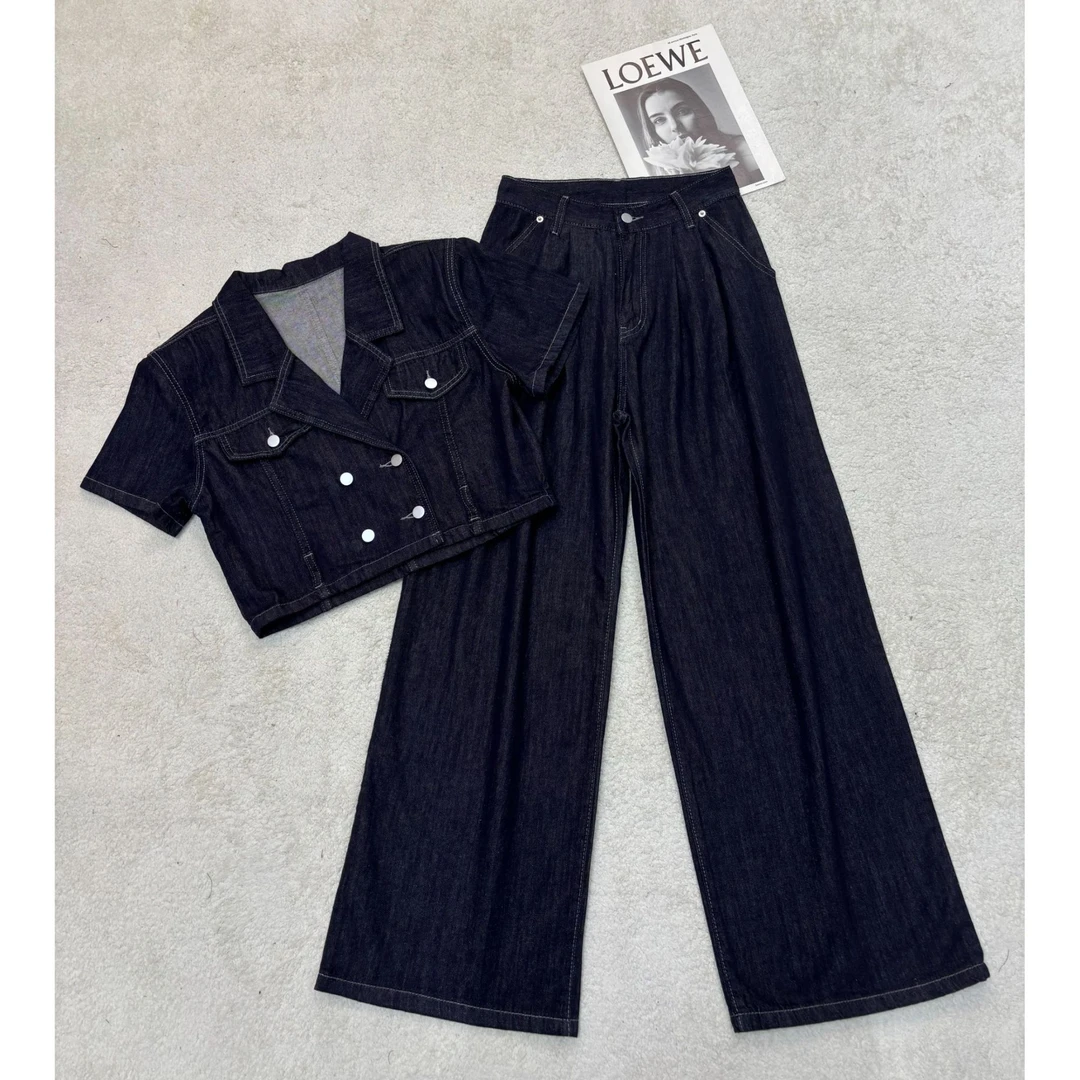 2025夏季新款气质西装领上衣高腰阔腿裤短袖牛仔套装25106