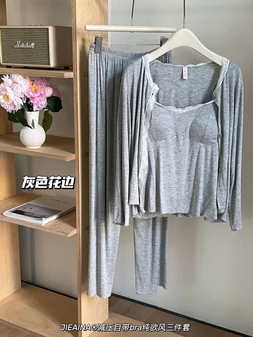 ins纯欲风吊带长袖三件套带胸垫睡衣女莫代尔甜美蝴蝶结家居服