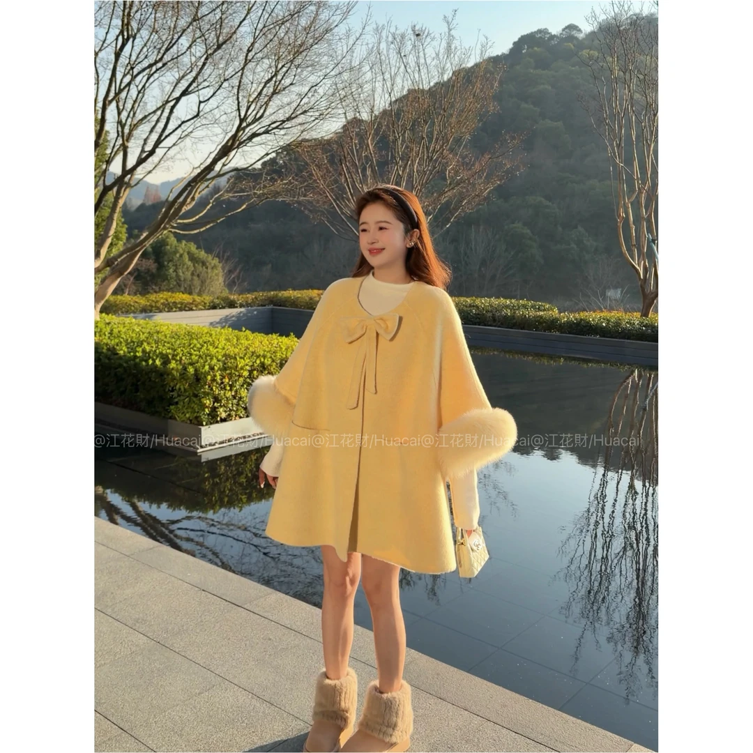 【流心少女】韩系富家千金感奶香黄蝴蝶结精致双面呢大衣（配毛毛袖）
