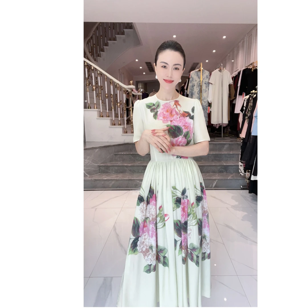5979【内外双真丝】清新淡雅浅豆绿定位花真丝收腰大摆真丝连衣裙