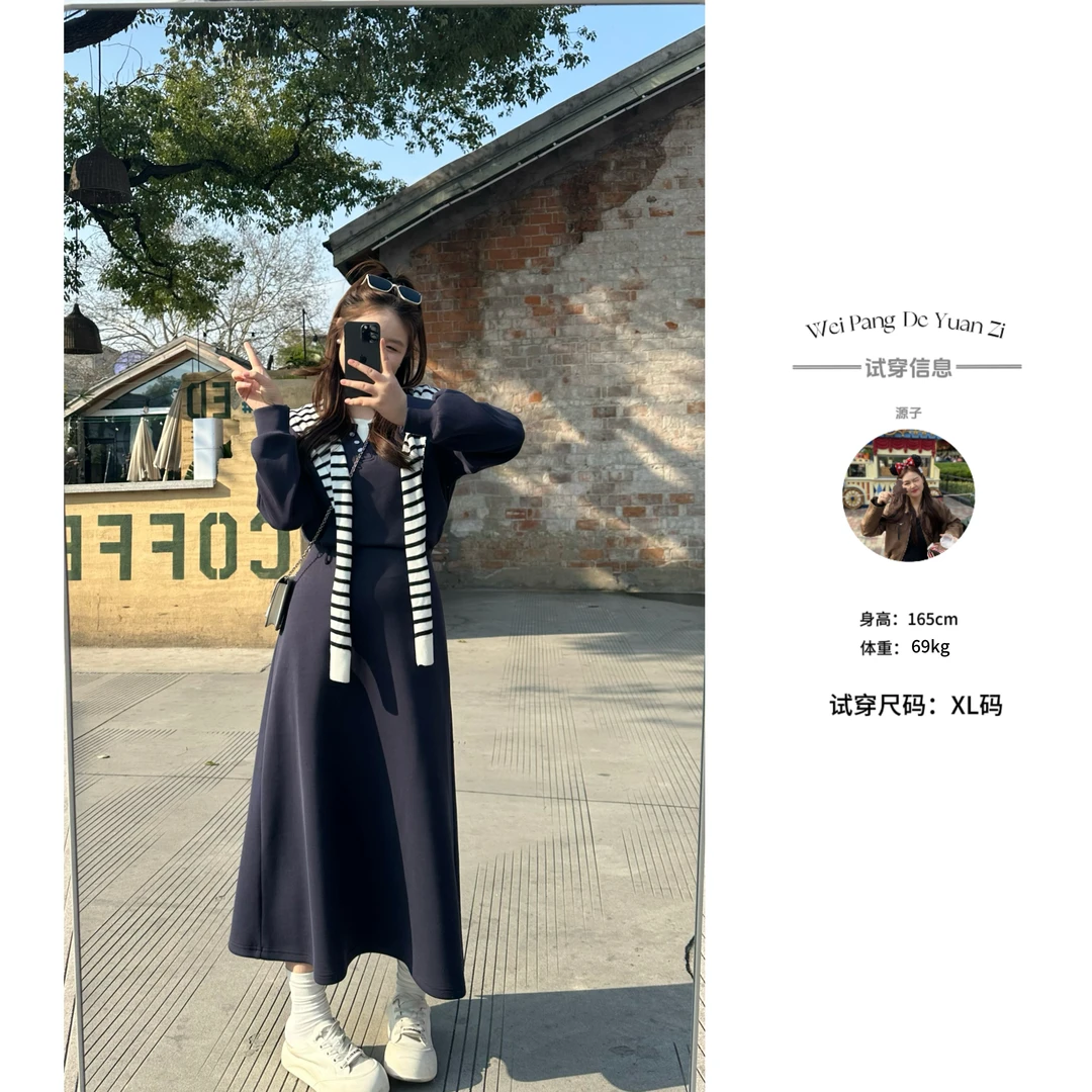 楠序源子【蓝屿风铃】微胖女装 2025年秋装新休闲显瘦连衣裙YZ35199