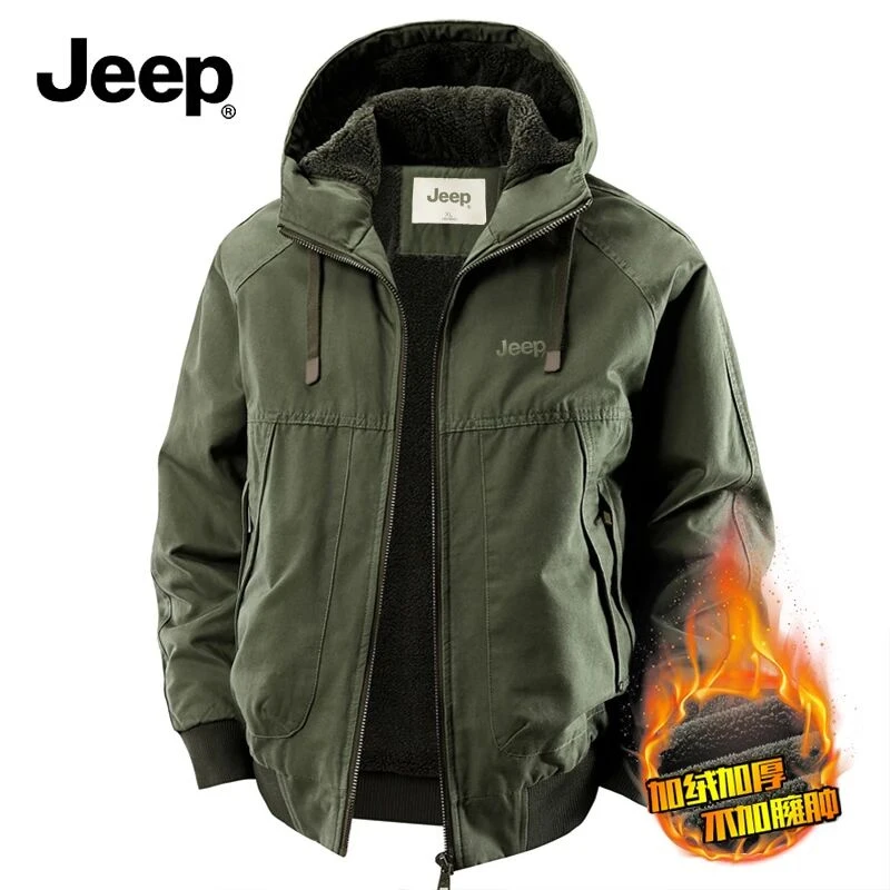 JEEP/吉普男士棉服连帽加厚男士大码加绒棉衣中长宽保暖水洗纯棉