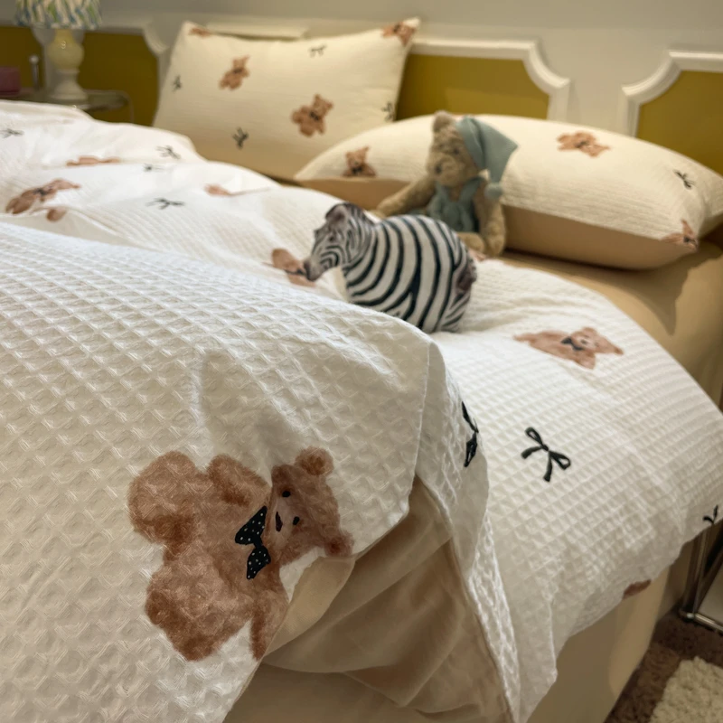 卡通莫妮卡米加厚磨毛华夫格床上四件套纯棉100%全棉被套床单床笠