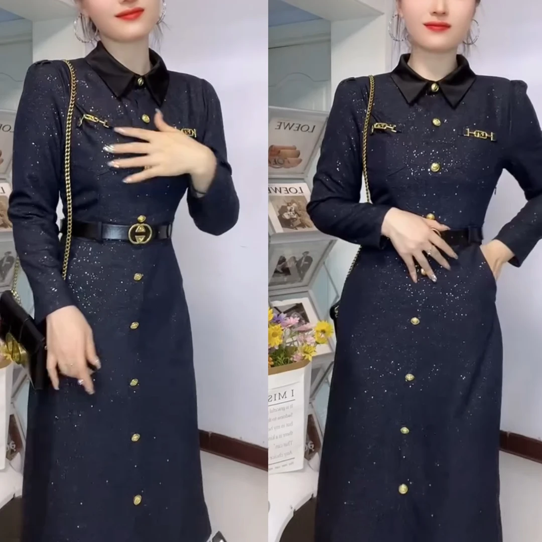 洋气爆闪满天星收腰单排扣显气质显瘦时尚连衣裙