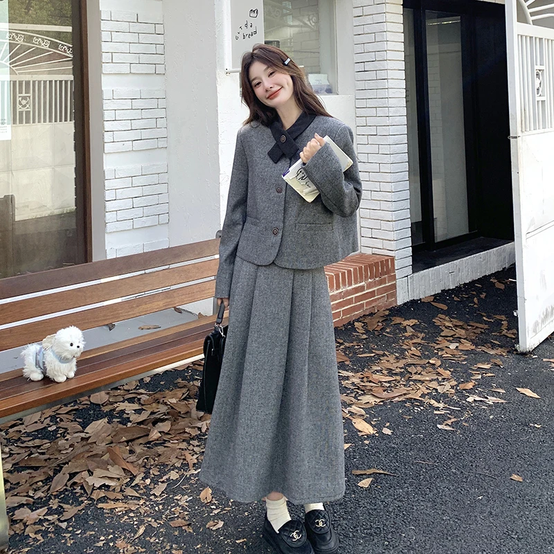 灰色学院风毛呢套装裙女秋冬两件套英伦复古ootd减龄爆款时髦流行