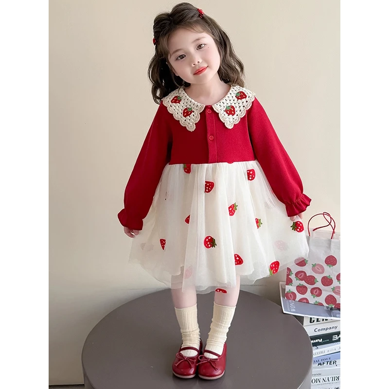 女童秋装连衣裙2025新款卡通可爱草莓儿童公主裙春秋款小童网纱裙