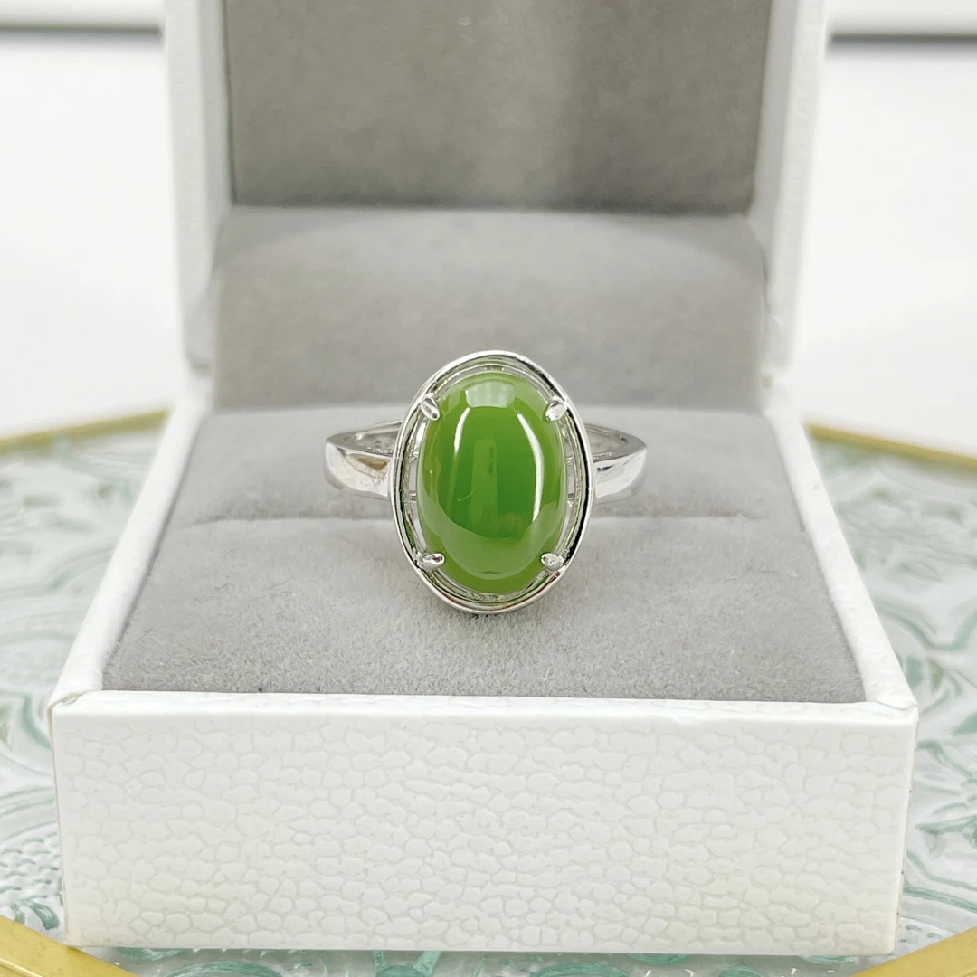 和田玉碧玉戒指S925银镶嵌大蛋面绿色气质轻奢风时尚精致大气银戒