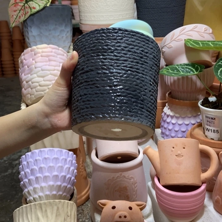 14×13黑色麻绳盆 粗陶1个