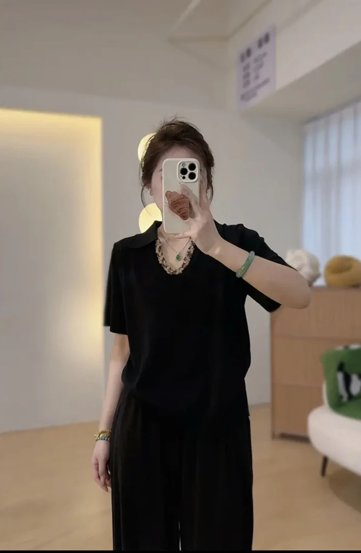 大码夏季胖mm法式钉珠设计感polo领冰丝短袖女宽松显瘦上衣#2508