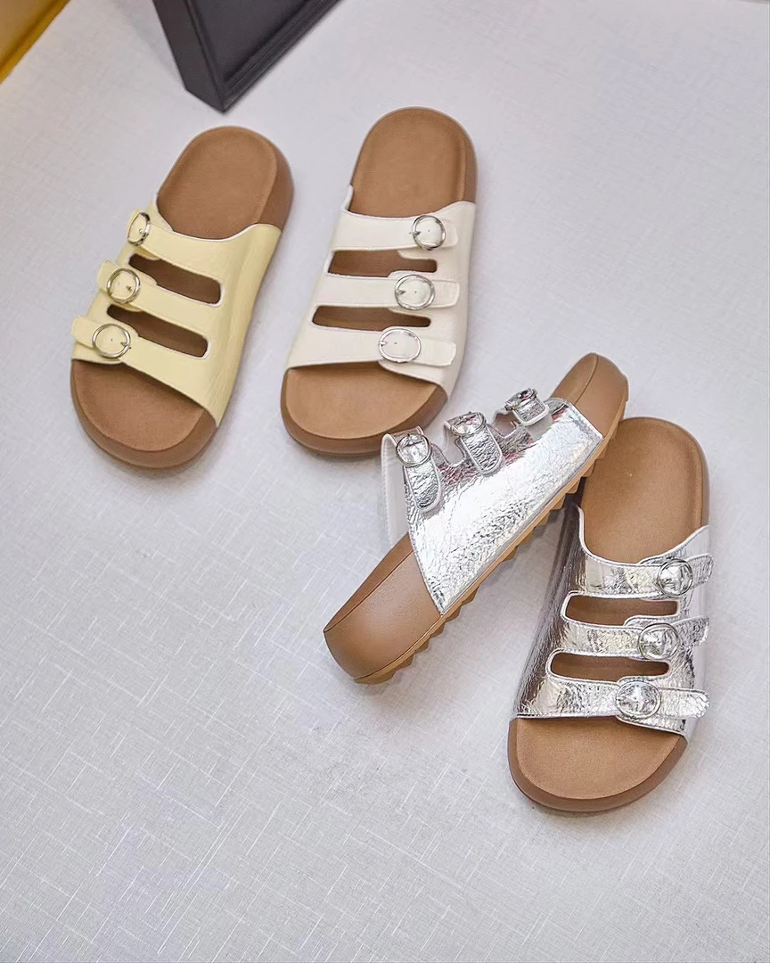 防滑夏季纯色中跟平底修面一字拖百搭软底外穿舒适