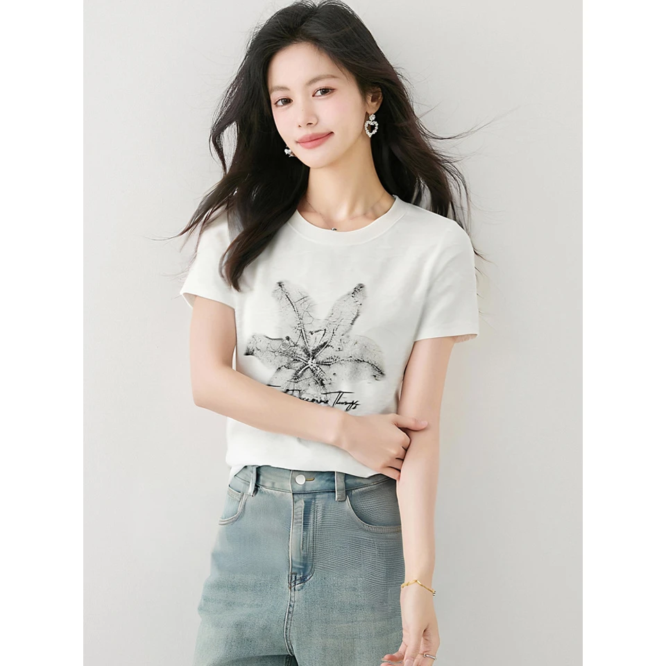 时尚设计感花朵正肩短袖T恤女2025夏季新款气质休闲上衣小个子