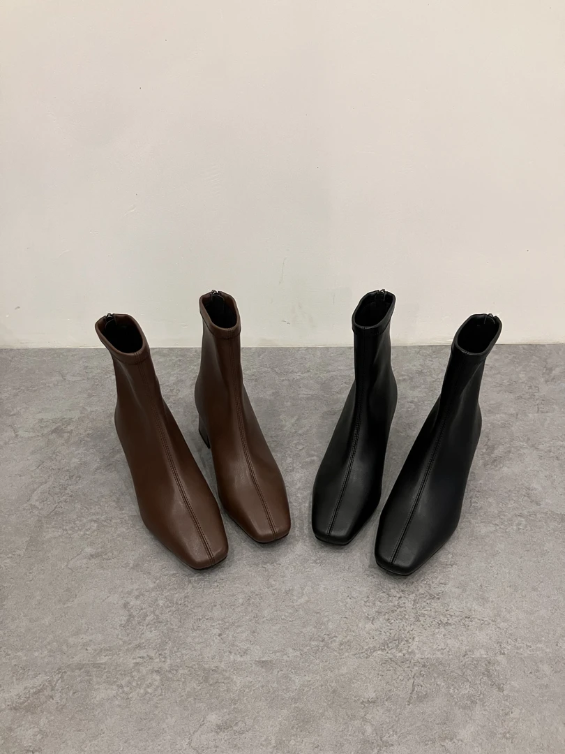 法式爆款方头网红粗跟短靴女高跟2025秋冬新款软皮中筒瘦瘦靴百搭