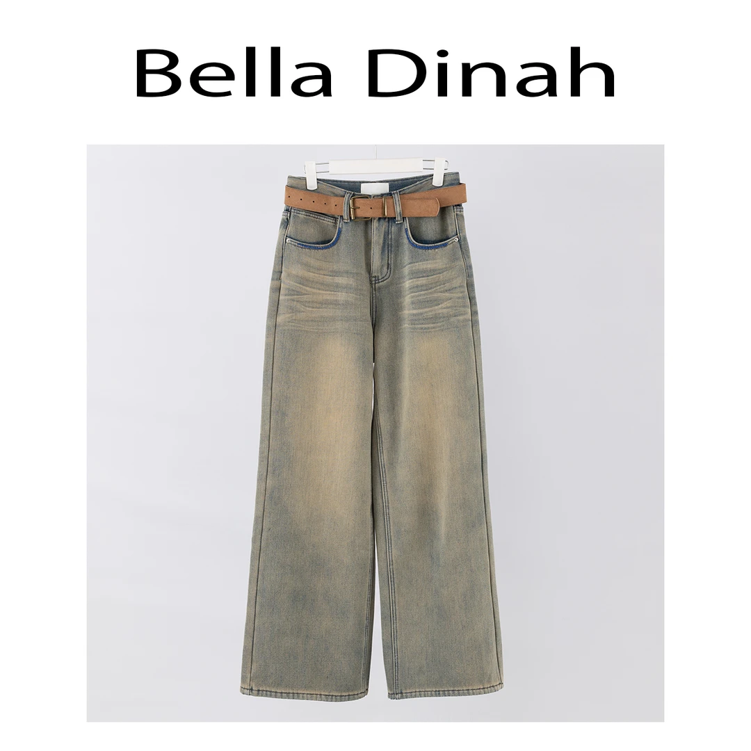 Bella Dinah 高街牛仔高腰时尚休闲复古水洗做旧款牛仔裤XJJJ070