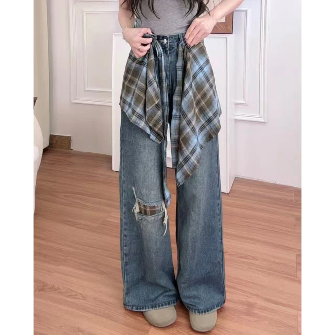 【小个子定制】小个子秋季格纹屁帘高腰显瘦牛仔拖地裤#2913
