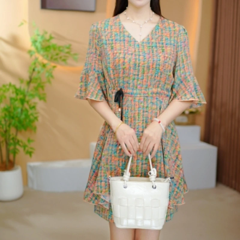 2025夏季新款彩虹印花大码显瘦连衣裙两件套套装