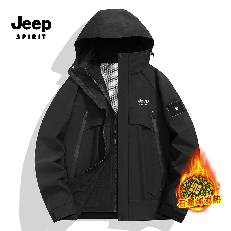 JEEPSPIRIT秋冬季新款户外休闲可拆卸两件套冲锋衣加绒保暖外套
